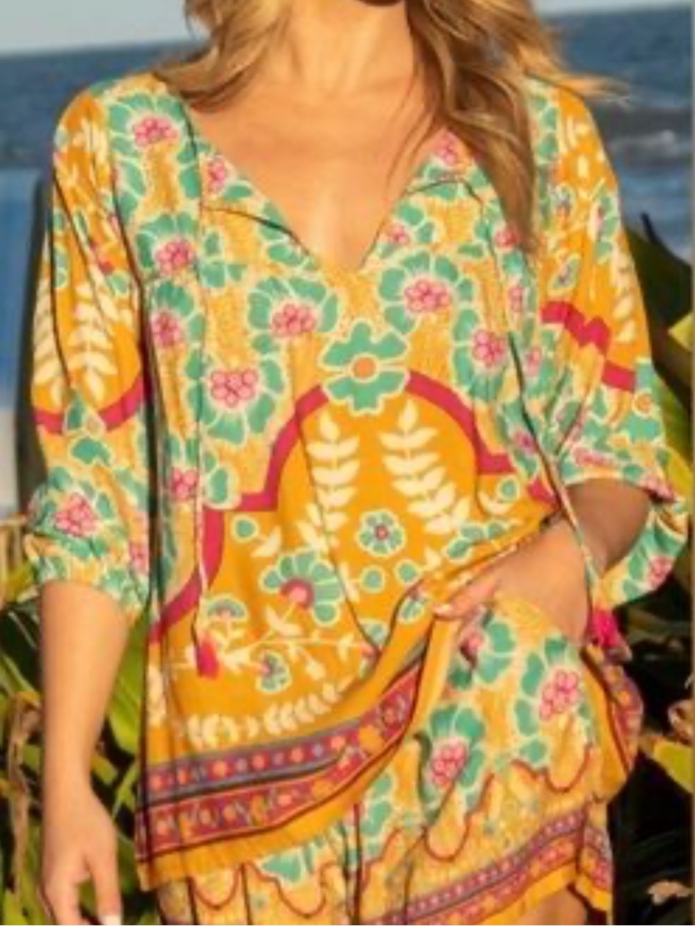 Natural Life Medium Colorful Floral Rayon Vneck 3/4 Balloon Sleeve Tunic Top